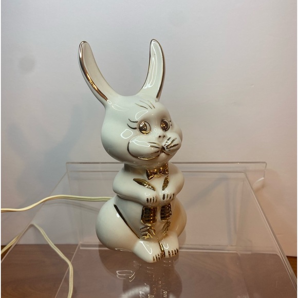Vintage MCM Porcelain Bunny Rabbit w/ BowTie Children’s Night Light, White/Gold - Picture 4 of 9